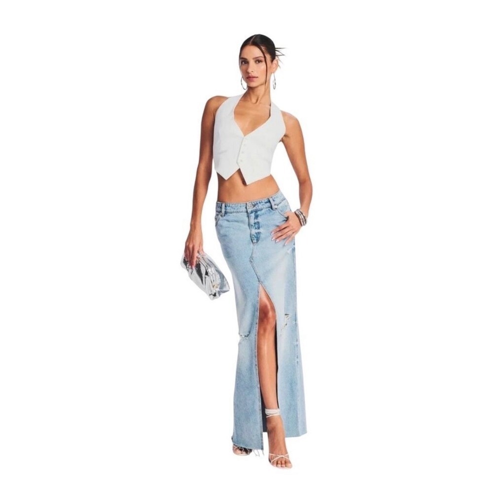 SER.O.YA Maxi Skirt 26 Light Blue Matilda Distressed Front Slit Denim Skirt
